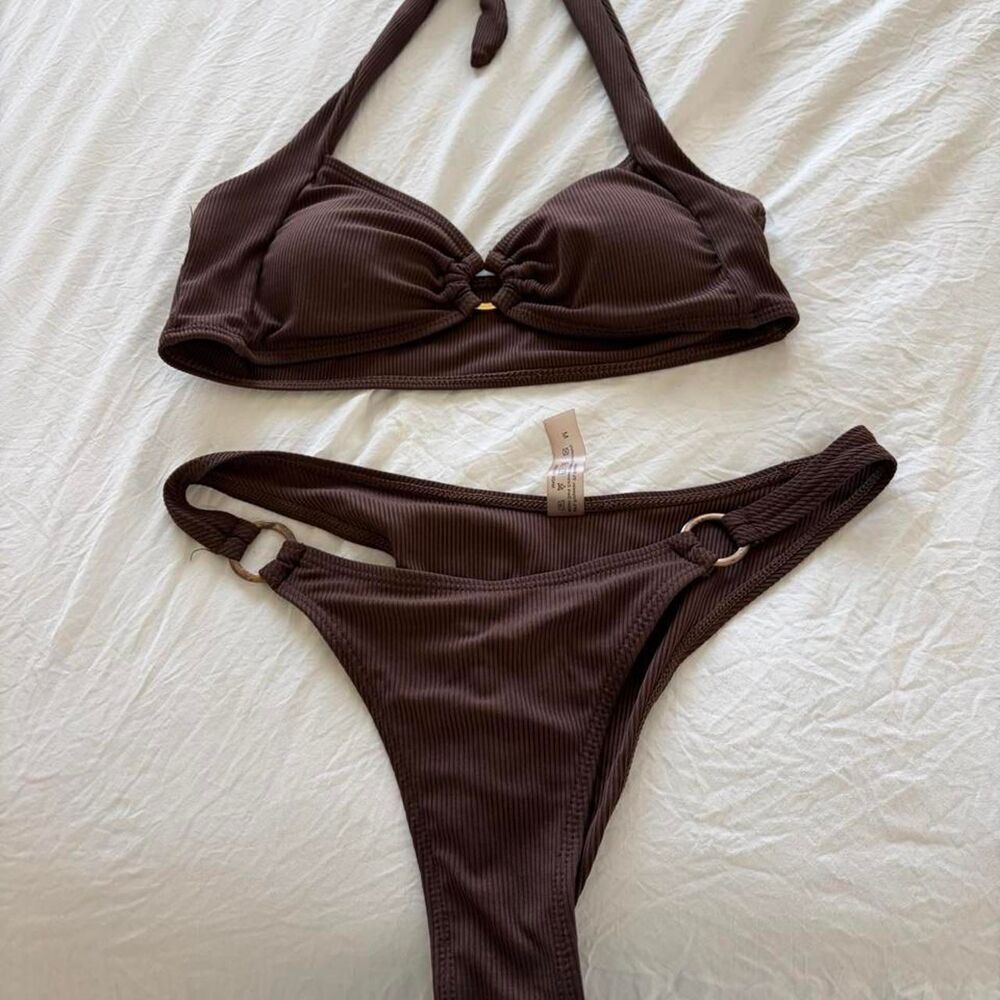 SHEIN Women's Brown Bikini Set Adjustable Straps Two Piece Swimsuit Size M Swimw